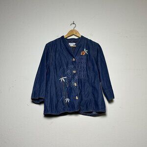 City Blues Denim Blouse Jean Shirt Women L Blue Summer Beach Embroidered Floral